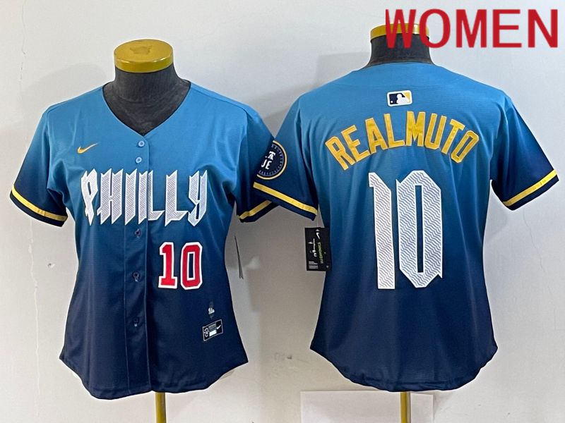 Women Philadelphia Phillies #10 Realmuto Blue City Edition Nike 2024 MLB Jersey style 2